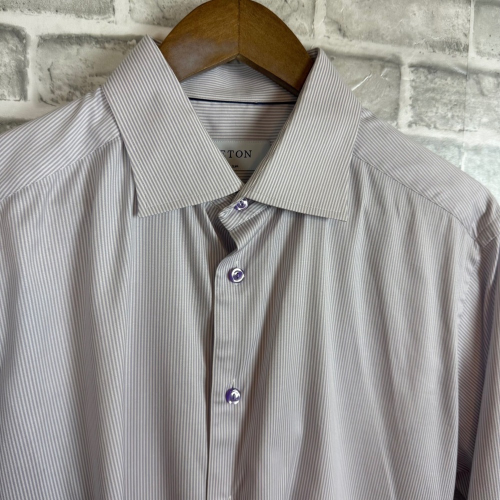 Eton Slim Fit Dress Shirt Mens 17 / 43 Purple White Micro Stripe Cotton Lyocell